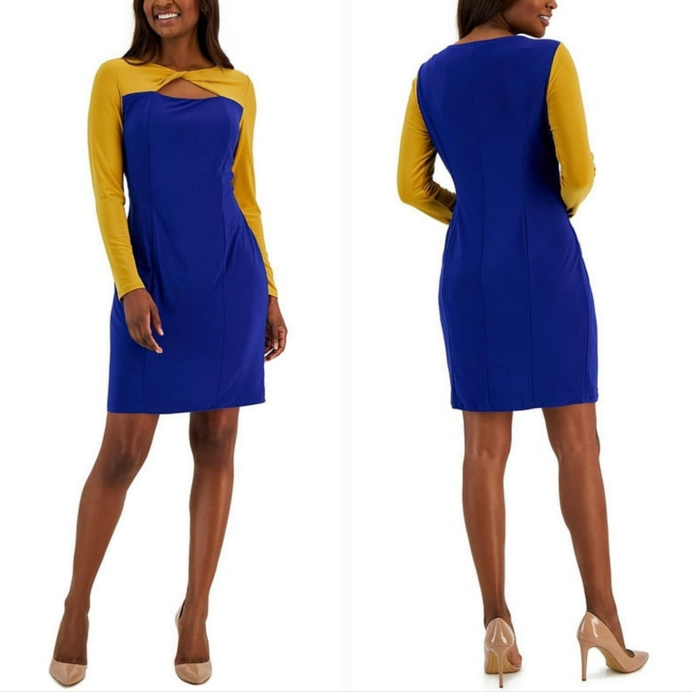 NWT Kasper Royal Blue/Gold Colorbock Sheath Dress. Size M